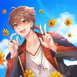Rule 34 | 1boy, :d, black jacket, blue sky, blurry, blurry foreground, blush, brown eyes, brown hair, cloud, collarbone, day, depth of field, fang, fingernails, flower, fushimi gaku, hair between eyes, hands up, jacket, jewelry, long fingernails, long hair, looking at viewer, low ponytail, male focus, mole, mole under eye, nijisanji, open clothes, open jacket, open mouth, outdoors, ponytail, ring, sharp fingernails, shikino yuki, shirt, sky, smile, solo, upper body, v, virtual youtuber, white shirt, yellow flower