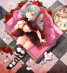 Rule 34 | 10s, 1girl, arm at side, black footwear, blush, bottomless, bouquet, bow, breast suppress, breasts, breasts out, broken, capelet, checkered floor, cleavage, clock, couch, dress, drill hair, floral print, flower, frills, from above, full body, grey hair, hair bow, hair ribbon, idolmaster, idolmaster cinderella girls, kanzaki ranko, leaf, long hair, looking at viewer, mary janes, mk (mod0), nipples, no bra, open clothes, open mouth, petals, red bow, red flower, red ribbon, red rose, ribbon, roman numeral, rose, rose petals, rose print, shoes, sitting, solo, striped clothes, striped thighhighs, thighhighs, twin drills, twintails, water, yellow eyes, yellow ribbon