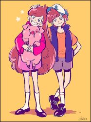 Rule 34 | 1boy, 1girl, animal, bad id, bad twitter id, baseball cap, blush stickers, braces, brother and sister, brown hair, dipper pines, eyelashes, full body, gravity falls, grin, hat, highres, holding, long hair, mabel pines, noaki, pig, purple skirt, shirt, shoes, shorts, siblings, simple background, skirt, smile, sneakers, socks, sweater, t-shirt, twins, very long hair, vest, waddles, yellow background