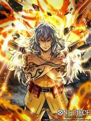 1boy adio_suerte arm_tattoo belt_pouch closed_mouth commentary_request copyright_name fire glint holding holding_weapon long_hair looking_at_viewer male_focus nijihayashi official_art one_piece one_piece_card_game pouch shirt sleeveless smile solo tattoo weapon white_hair yellow_shirt