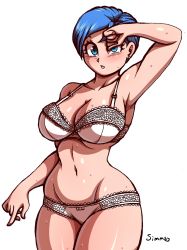 Rule 34 | 10s, 1girl, blue eyes, blue hair, blush, bra, breasts, bulma, curvy, dragon ball, dragon ball super, female focus, highres, large breasts, navel, open mouth, panties, short hair, simmsy, solo, sweat, text focus, underwear, wide hips