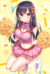 Rule 34 | 1girl, bare arms, black hair, blush, bow, breasts, c:, cheerleader, cleavage, cleavage cutout, closed mouth, clothing cutout, commentary request, crop top, english text, full body, futaba-san chi no kyoudai, futaba neiko, hair between eyes, hair bow, heart cutout, highres, kneehighs, knees together feet apart, laces, large breasts, legs up, long hair, looking at viewer, midriff, miniskirt, navel, parted bangs, pink bow, pink shirt, pink skirt, pleated skirt, pom pom (cheerleading), red eyes, shirt, shoes, sidelocks, skirt, smile, socks, solo, stomach, straight hair, taut clothes, taut shirt, tsukudani norio, white footwear, white socks, yellow background