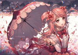 Rule 34 | 1girl, ahoge, artist name, blush, bow, bowtie, center frills, cherry blossom cookie, cherry blossoms, cookie run, copyright name, flower, frilled sleeves, frills, hair flower, hair ornament, holding, holding umbrella, kawacy, layered sleeves, lens flare, long hair, long sleeves, looking at viewer, open mouth, parasol, petals, pink eyes, pink hair, puffy sleeves, red bow, red bowtie, red eyes, red ribbon, red skirt, ribbon, shirt, short over long sleeves, short sleeves, skirt, solo, suspender skirt, suspenders, swept bangs, triangle, two side up, umbrella, upper body, white shirt, wind