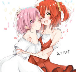 Rule 34 | 2girls, ;), ;d, ahoge, alternate costume, bad id, bad pixiv id, bare arms, bare shoulders, blush, bow, breasts, cheek-to-cheek, closed mouth, collarbone, commentary request, couple, dress, eyes visible through hair, fate/grand order, fate (series), female focus, fujimaru ritsuka (female), fujimaru ritsuka (female) (starlight fest), gloves, hair between eyes, hair ornament, hair over one eye, hair scrunchie, happy, harusame (moyuna412), heads together, highres, hug, large breasts, looking at viewer, mash kyrielight, mash kyrielight (formal dress), multiple girls, neck, off-shoulder dress, off shoulder, official alternate costume, one eye closed, open mouth, orange dress, orange hair, pink eyes, pink hair, scrunchie, short hair, side ponytail, small breasts, smile, standing, strapless, strapless dress, type-moon, white background, white bow, white dress, white gloves, wink, yellow eyes, yellow scrunchie, yuri