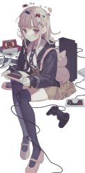 Rule 34 | 1girl, absurdres, backpack, bag, black jacket, black thighhighs, blouse, blunt bangs, collared shirt, commentary, controller, danganronpa (series), danganronpa 2: goodbye despair, dualshock, game console, game controller, gamepad, hair ornament, hairclip, handheld game console, highres, jacket, long sleeves, looking at viewer, mary janes, nanami chiaki, napenasupe, open clothes, open jacket, over-kneehighs, pink eyes, playstation controller, pleated skirt, shirt, shirt tucked in, shoes, short hair, sitting, skirt, solo, symbol-only commentary, thighhighs, white background, white shirt