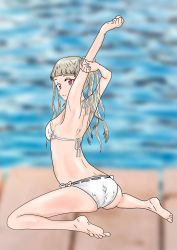 Rule 34 | 1girl, arashi chisato, artist name, artist request, back-tie bikini, bare legs, bare shoulders, barefoot, bikini, blurry, blurry background, blush, breasts, double bun, feet, female focus, from behind, full body, hair bun, hair over shoulder, hair tie, highres, lainjing, long hair, looking at viewer, looking back, love live!, love live! superstar!!, medium breasts, outdoors, outstretched arms, parted lips, red eyes, side-tie bikini bottom, sideboob, smile, solo, spread arms, swimsuit, white bikini, white hair