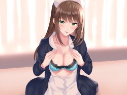 Rule 34 | 1girl, bad id, bad pixiv id, blazer, blue bra, bra, breasts, brown hair, cleavage, cocona, collarbone, collared shirt, commentary request, green eyes, highres, jacket, lace, lace-trimmed bra, lace trim, large breasts, long hair, long sleeves, looking at viewer, open clothes, open jacket, open shirt, original, saliva, shirt, sidelocks, solo, tongue, tongue out, underwear, upper body, white headwear, white shirt