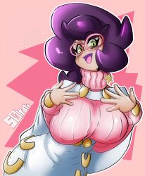 Rule 34 | 1girl, artist name, big hair, blush, breasts, buttons, capelet, creatures (company), game freak, glasses, green eyes, hands on own chest, high-waist skirt, highres, large breasts, long sleeves, medium skirt, nintendo, pencil skirt, pink-framed eyewear, pink background, pink sweater, pokemon, pokemon sm, purple hair, ribbed sweater, sketch, skirt, solo, solratic, sweater, turtleneck, turtleneck sweater, upper body, white capelet, white skirt, wicke (pokemon)
