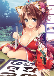 Rule 34 | 1girl, :d, absurdres, animal ears, areola slip, arm support, bare shoulders, blue eyes, breasts, brown hair, calligraphy, calligraphy brush, cleavage, comic toranoana, eyebrows, floral print, flower, hair flower, hair ornament, hair stick, highres, japanese clothes, kimono, kotora (toranoana), large breasts, looking at viewer, off shoulder, open mouth, original, paintbrush, ponytail, sitting, smile, solo, tabi, tail, tatami, tiger ears, tiger tail, yokozuwari, yuujo, yuuki hagure