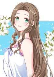 Rule 34 | 1girl, aerith gainsborough, alternate hairstyle, bare shoulders, blue background, blush, braid, breasts, brown hair, crisis core final fantasy vii, dress, final fantasy, final fantasy vii, flower, green eyes, highres, lily (flower), long hair, looking at viewer, medium breasts, nalu, open mouth, parted bangs, portrait, side braid, sidelocks, sleeveless, sleeveless dress, smile, solo, twitter username, upper body, white dress, white flower