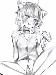 Rule 34 | 1girl, :3, :d, absurdres, animal ears, bad id, bad pixiv id, bandaid, bandaid on pussy, belt collar, blush, bottle, breasts, cat ears, collar, crossed bandaids, greyscale, highres, holding, holding bottle, hololive, inverted nipples, long sleeves, looking at viewer, medium breasts, medium hair, monochrome, nanashi (nlo), nekomata okayu, nekomata okayu (oversized shirt), official alternate costume, open mouth, shirt, simple background, smile, solo, spread legs, virtual youtuber, white background