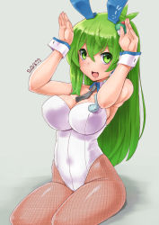 Rule 34 | 1girl, animal ears, bow, bowtie, breasts, commentary request, covered navel, detached collar, fake animal ears, fishnet thighhighs, fishnets, frog hair ornament, green eyes, green hair, hair ornament, hair tubes, japanese clothes, kei jiei, kochiya sanae, large breasts, leotard, long hair, looking at viewer, miko, open mouth, pantyhose, playboy bunny, rabbit ears, rabbit pose, sitting, snake hair ornament, solo, strapless, strapless leotard, thighhighs, touhou, white background, wing collar, wrist cuffs