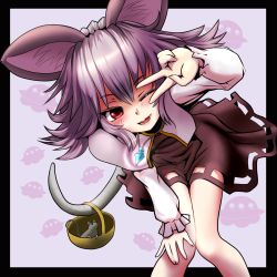 Rule 34 | 1girl, animal ears, basket, blush, capelet, female focus, grey hair, highres, ishikkoro, jewelry, leaning forward, mouse (animal), mouse ears, mouse tail, nazrin, one eye closed, pendant, red eyes, short hair, solo, tail, touhou, ufo, v, wink