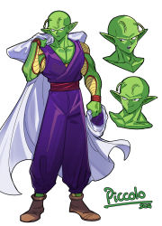 Rule 34 | 1boy, absurdres, antennae, bald, black eyes, brown footwear, cape, collarbone, colored skin, commentary request, dragon ball, dragonball z, full body, green skin, highres, looking at viewer, male focus, multiple views, no headwear, pants, piccolo, pointy ears, purple pants, purple shirt, red sash, sash, shirt, shoes, silvercandy gum, simple background, sleeveless, sleeveless shirt, smile, standing, white background, white cape