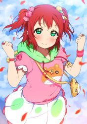 Rule 34 | 10s, 1girl, animal print, bad id, bad pixiv id, bear print, blush, bow, candy hair ornament, cloud, cloudy sky, day, earrings, food-themed hair ornament, green eyes, hair bow, hair ornament, highres, hood, hood down, icehotmilktea, jewelry, kurosawa ruby, looking at viewer, love live!, love live! school idol festival, love live! sunshine!!, petals, pouch, print shirt, red hair, ring, shirt, skirt, sky, smile, solo, star (symbol), two side up, watch, wristwatch