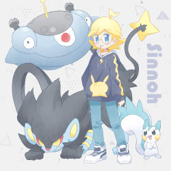 Rule 34 | 1boy, ahoge, akasaka (qv92612), alternate costume, black jacket, blonde hair, blush, clemont (pokemon), closed mouth, commentary request, cosplay, creatures (company), game freak, gen 4 pokemon, glasses, green pants, grey background, highres, jacket, long sleeves, lucas (pokemon), lucas (pokemon) (cosplay), luxray, magnezone, male focus, medium hair, nintendo, pachirisu, pants, pokemon, pokemon (creature), pokemon bdsp, pokemon xy, round eyewear, shoes, sleeves past wrists, smile, standing, tongue, tongue out, white footwear