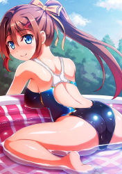 Rule 34 | 1girl, ass, back, bad id, bad pixiv id, barefoot, blue eyes, blue sky, blush, bow, breasts, brown hair, closed mouth, cloud, competition swimsuit, day, eyebrows, feet, hair between eyes, hair bow, hair ornament, hairclip, higa, large breasts, long hair, one-piece swimsuit, original, outdoors, partially submerged, ponytail, sideboob, sitting, sky, smile, soles, solo, swimsuit, tree, wariza