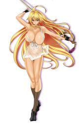 Rule 34 | blonde hair, breasts, fingerless gloves, gloves, large breasts, long hair, nightgown, shikishima mirei, sword, valkyrie drive, valkyrie drive -mermaid-, weapon