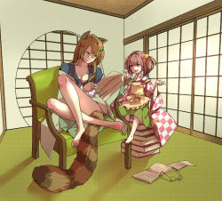 Rule 34 | 2girls, animal ears, apron, bad id, bad pixiv id, barefoot, book, book stack, breasts, brown eyes, brown hair, chair, cleavage, dryades, unworn eyewear, futatsuiwa mamizou, glasses, hair ornament, hairclip, japanese clothes, leaf, leaf hair ornament, motoori kosuzu, multiple girls, open book, open mouth, pince-nez, raccoon ears, raccoon tail, reading, red eyes, red hair, sitting, smile, tail, touhou, twintails, two side up, wide sleeves
