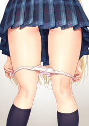 Rule 34 | 1girl, banned artist, bent over, black socks, blonde hair, blue skirt, close-up, commentary request, from behind, gradient background, hair over crotch, highres, kneehighs, kneepits, long hair, lower body, n.g., original, paid reward available, panties, panty pull, plaid, plaid skirt, pleated skirt, pulled by self, school uniform, simple background, skirt, socks, solo, underwear, undressing, white panties