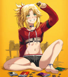 Rule 34 | 1girl, barefoot, black shorts, blonde hair, blush, braid, breasts, candy, chocolate, chocolate bar, collarbone, commentary request, cropped sweater, fate/apocrypha, fate (series), feet, female focus, food, french braid, green eyes, grin, hair ornament, hair scrunchie, highres, hood, hooded sweater, knee up, legs, long hair, long sleeves, midriff, mordred (fate), mordred (fate/apocrypha), navel, o-ring, parted bangs, ponytail, red scrunchie, red sweater, scrunchie, short shorts, shorts, sidelocks, simple background, sitting, small breasts, smile, solo, sweater, tonee, underboob