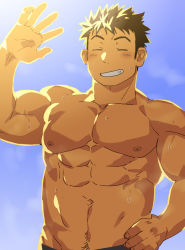 Rule 34 | 1boy, abs, bad id, bad pixiv id, bara, blush, brown hair, closed eyes, gradient background, hand on own hip, large pectorals, male focus, muscular, navel, nipples, open mouth, original, pants, pectorals, sagami jon, see-through, short hair, solo, sunlight, sweat, toned, toned male, topless male, upper body, waving