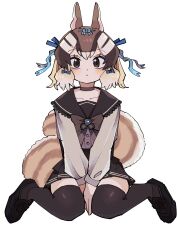 Rule 34 | 1girl, absurdres, animal ears, brown eyes, brown hair, chipmunk ears, chipmunk girl, chipmunk tail, choker, closed mouth, dress, extra ears, highres, kanmoku-san, kemono friends, kemono friends v project, kneehighs, looking at viewer, ribbon, sailor collar, sailor dress, shoes, short hair, siberian chipmunk (kemono friends), simple background, skirt, socks, solo, tail, virtual youtuber, white background