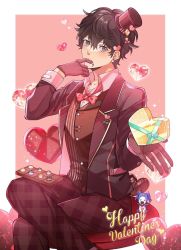 Rule 34 | amamiya ren, black hair, black jacket, black pants, border, box, brown eyes, brown hat, collarbone, collared shirt, crossed legs, dress shirt, earrings, finger to mouth, gift, gift box, gloves, hair between eyes, hair ornament, happy valentine, haruka (5885352), hat, heart, heart-shaped box, heart earrings, heart hair ornament, highres, jack frost (megami tensei), jacket, jewelry, long sleeves, looking at viewer, male focus, mini hat, open clothes, open jacket, outside border, pants, persona, persona 5, pink background, pink gloves, pink neckwear, plaid, plaid pants, shirt, short hair, solo, white border, white shirt, wing collar