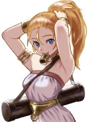 Rule 34 | 1girl, blonde hair, blue eyes, breasts, choker, chrono trigger, highres, jewelry, long hair, looking at viewer, marle (chrono trigger), peiroke, ponytail, simple background, smile, solo, white background