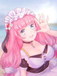 Rule 34 | 1girl, animal ears, azur lane, black choker, blue eyes, breasts, choker, cleavage, dress, frilled hairband, frills, hairband, highres, jewelry, large breasts, long hair, looking at viewer, pink hair, remaco, ring, short sleeves, solo, suffolk (azur lane), wedding ring, white dress