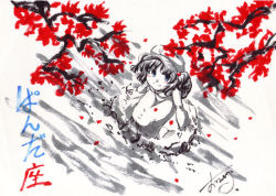 Rule 34 | 1girl, autumn leaves, blue eyes, blush, branch, dress, female focus, flat cap, from above, hat, kawashiro nitori, leaf, long sleeves, looking up, monochrome, solo, spot color, touhou, tree, two side up, water, white background