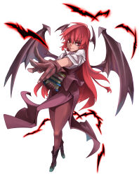Rule 34 | &gt;:), 1girl, absurdres, ahoge, bat (animal), bat wings, book, book stack, boots, brown footwear, commentary request, foreshortening, from above, full body, gloves, hair between eyes, head wings, highres, holding, holding book, koakuma, long hair, looking to the side, outstretched arm, pantyhose, red eyes, red gloves, red hair, red pantyhose, red skirt, red vest, rightorisamraido3, side slit, simple background, skirt, skirt set, solo, touhou, v-shaped eyebrows, very long hair, vest, white background, wings