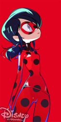 Rule 34 | 1girl, amiami, black hair, bodysuit, disney, domino mask, female focus, highres, ladybug (character), marinette dupain-cheng, mask, miraculous ladybug, parted lips, red background, simple background, solo, twintails