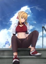 Rule 34 | 1girl, absurdres, ahoge, black pants, blonde hair, blue sky, bottle, bracelet, braid, braided bun, breasts, cleavage, cleavage cutout, closed mouth, clothing cutout, cloud, contrail, crop top, crown braid, day, eko.art, fate/extra, fate (series), green eyes, hair bun, hair ribbon, head tilt, highres, huge filesize, jacket, jewelry, large breasts, midriff, navel, nero claudius (fate), nero claudius (fate) (all), nero claudius (fate/extra), open clothes, open jacket, outdoors, pants, red ribbon, ribbon, short hair with long locks, short sleeves, sitting, sky, smile, solo, stomach, ufo, water bottle, white jacket