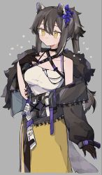 Rule 34 | 1girl, animal ears, animal hands, arknights, black jacket, blue flower, breasts, brown hair, cowboy shot, feather boa, flower, grey background, grey hair, hair between eyes, hair flower, hair ornament, hand up, highres, jacket, kabe sakana, long sleeves, medium breasts, multicolored hair, off shoulder, official alternate costume, open clothes, open jacket, ponytail, raccoon ears, raccoon girl, raccoon tail, robin (arknights), robin (gift of wild) (arknights), shirt, simple background, skirt, solo, spaghetti strap, streaked hair, tail, white shirt, yellow eyes, yellow skirt