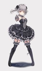 Rule 34 | absurdres, aiming, aiming at viewer, black thighhighs, boots, breasts, catbell, circle skirt, cleavage, frilled thighhighs, frills, full body, gothic lolita, grey background, gun, handgun, highres, lolita fashion, original, silver hair, simple background, solo, thighhighs, twintails, weapon, yellow eyes