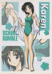 Rule 34 | 1girl, absurdres, black eyes, competition swimsuit, green hair, green one-piece swimsuit, highres, ichijou karen, one-piece swimsuit, resolution mismatch, school rumble, shiny skin, smile, solo, source smaller, swimsuit