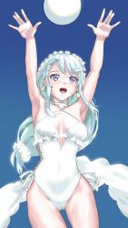 Rule 34 | 1girl, arms up, asymmetrical bangs, ball, beachball, blue hair, cameltoe, casual one-piece swimsuit, covered navel, cowboy shot, earrings, flower, hair flower, hair ornament, highres, igarashi mangou, jewelry, kantai collection, light blue hair, long hair, low-tied long hair, official alternate costume, one-piece swimsuit, purple eyes, sagiri (kancolle), sidelocks, solo, standing, swept bangs, swimsuit, white one-piece swimsuit