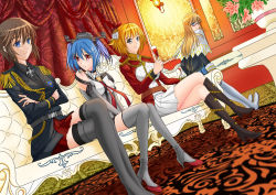 Rule 34 | 4girls, 5plus, aiguillette, bismarck (warship girls r), black socks, blue eyes, blue hair, boots, brown hair, couch, cross, crossed arms, crossed legs, cup, curtains, drinking glass, epaulettes, flower, high heels, hood (warship girls r), iron cross, kneehighs, long hair, looking back, multiple girls, prince of wales (warship girls r), prinz eugen (warship girls r), red eyes, rigging, short hair, skirt, socks, thigh boots, thighhighs, thighs, twintails, uniform, v arms, warship girls r, wine glass