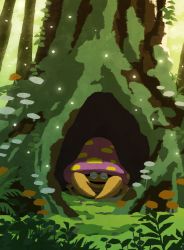 Rule 34 | absurdres, creatures (company), day, closed eyes, forest, game freak, gen 1 pokemon, grass, highres, hyogonosuke, leaf, moss, mushroom, nature, nintendo, no humans, outdoors, parasect, pokemon, pokemon (creature), sleeping, solo, tree