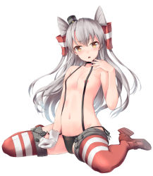 Rule 34 | 10s, 1girl, amatsukaze (kancolle), awa yume, black panties, breasts, gloves, hair tubes, jacket, kantai collection, long hair, navel, open clothes, open jacket, panties, red thighhighs, side-tie panties, silver hair, single glove, sitting, small breasts, solo, striped clothes, striped thighhighs, suspenders, thighhighs, underwear, very long hair, wariza, white gloves, yellow eyes
