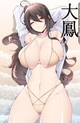Rule 34 | 1girl, ;), absurdres, ahoge, armpits, arms up, azur lane, black hair, breasts, character name, commentary, cowboy shot, groin, hair between eyes, highres, large breasts, long hair, long sleeves, looking at viewer, navel, one eye closed, open clothes, open shirt, red eyes, samip, shirt, smile, solo, stomach, taihou (azur lane), taihou (seaside daydreams) (azur lane), thighs, translated, very long hair, white shirt