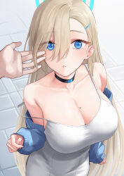 Rule 34 | 1boy, 1girl, :o, absurdres, aoi riko, asuna (blue archive), asymmetrical bangs, bare shoulders, black choker, blonde hair, blue archive, blue eyes, blue jacket, blush, breasts, camisole, choker, cleavage, collarbone, eyes visible through hair, halo, hetero, highres, jacket, jacket partially removed, large breasts, long hair, looking at viewer, looking up, mole, mole on breast, outdoors, pov, pov hands, sensei (blue archive), skirt, straight hair, strap slip, very long hair, white camisole, white skirt