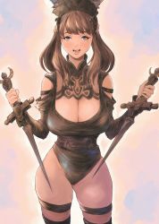 Rule 34 | 1girl, absurdres, animal ears, warrior of light (ff14), blue eyes, breasts, brown hair, cleavage, cleavage cutout, clothing cutout, cosplay, cowboy shot, dual wielding, final fantasy, final fantasy xiv, gusty10rk, highleg, highleg leotard, highres, holding, holding weapon, large breasts, leotard, long hair, looking at viewer, mole, mole under eye, nier:automata, nier (series), ninja (final fantasy), open mouth, solo, thighhighs, viera, weapon, wolf ears, 2b (nier:automata), 2b (nier:automata) (cosplay)