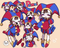 Rule 34 | &gt; &lt;, 1girl, alternate breast size, blue eyes, blush stickers, breasts, brown hair, closed eyes, collared shirt, frown, gloves, hat, jester, jester cap, large breasts, mato tsuyoi, multicolored clothes, multiple views, open mouth, oppai loli, pomni (the amazing digital circus), red eyes, shirt, squiggle eyes, the amazing digital circus, two-tone eyes, vomiting, yellow background