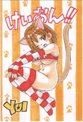 Rule 34 | 1girl, animal ears, arm warmers, bare shoulders, breasts, brown eyes, brown hair, cat ears, cat girl, cat tail, female focus, full body, hair ornament, hairclip, hirasawa yui, k-on!, kemonomimi mode, large breasts, marker (medium), midriff, multicolored clothes, multicolored legwear, navel, no panties, one eye closed, open mouth, rodeorodeo, short hair, solo, striped clothes, striped thighhighs, tail, thighhighs, traditional media, underboob, wink