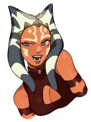 Rule 34 | 1girl, absurdres, ahsoka tano, blue eyes, breasts, cleavage cutout, clothing cutout, colored skin, halterneck, highres, medium breasts, open mouth, orange skin, porqueloin, portrait, red shirt, shirt, simple background, solo, star wars, star wars: the clone wars, teeth, togruta, upper body, white background