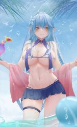 Rule 34 | 1girl, bad id, bad pixiv id, bare shoulders, bikini, bikini skirt, bird, blue hair, blue sky, breasts, closed mouth, cocktail glass, cocktail umbrella, cup, day, drinking glass, drinking straw, flower, hair flower, hair ornament, highres, hololive, large breasts, long hair, navel, outdoors, pointy ears, sailor collar, shawl, sky, solo, stomach, swimsuit, thigh strap, thighs, turbulence, very long hair, virtual youtuber, wading, water, water drop, wet, yellow eyes, yukihana lamy