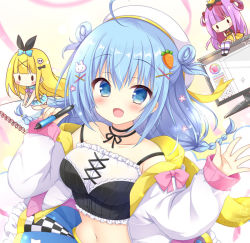 Rule 34 | 3girls, :d, ahoge, bare shoulders, beret, blue eyes, blue hair, breasts, check copyright, chibi, choker, collarbone, copyright request, crop top, double bun, fang, frilled shirt, frills, hair ornament, hat, holding, jacket, long hair, long sleeves, looking at viewer, medium breasts, midriff, miniskirt, monitor, multiple girls, navel, notebook, off shoulder, open clothes, open jacket, open mouth, original, pen, picpicgram, shirt, skirt, sleeveless, sleeveless shirt, smile, stomach, white headwear, white jacket, x hair ornament