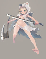 Rule 34 | 1girl, axe, barefoot, blonde hair, blush, censored, convenient censoring, feet, flat chest, full body, green eyes, hood, no bra, no panties, original, revealing clothes, simple background, soles, solo, sword, weapon, weno